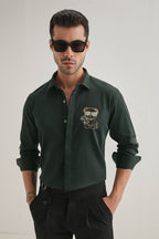 Bear-y-rich - Hand Embroidered Designer Shirt - Bottle Green