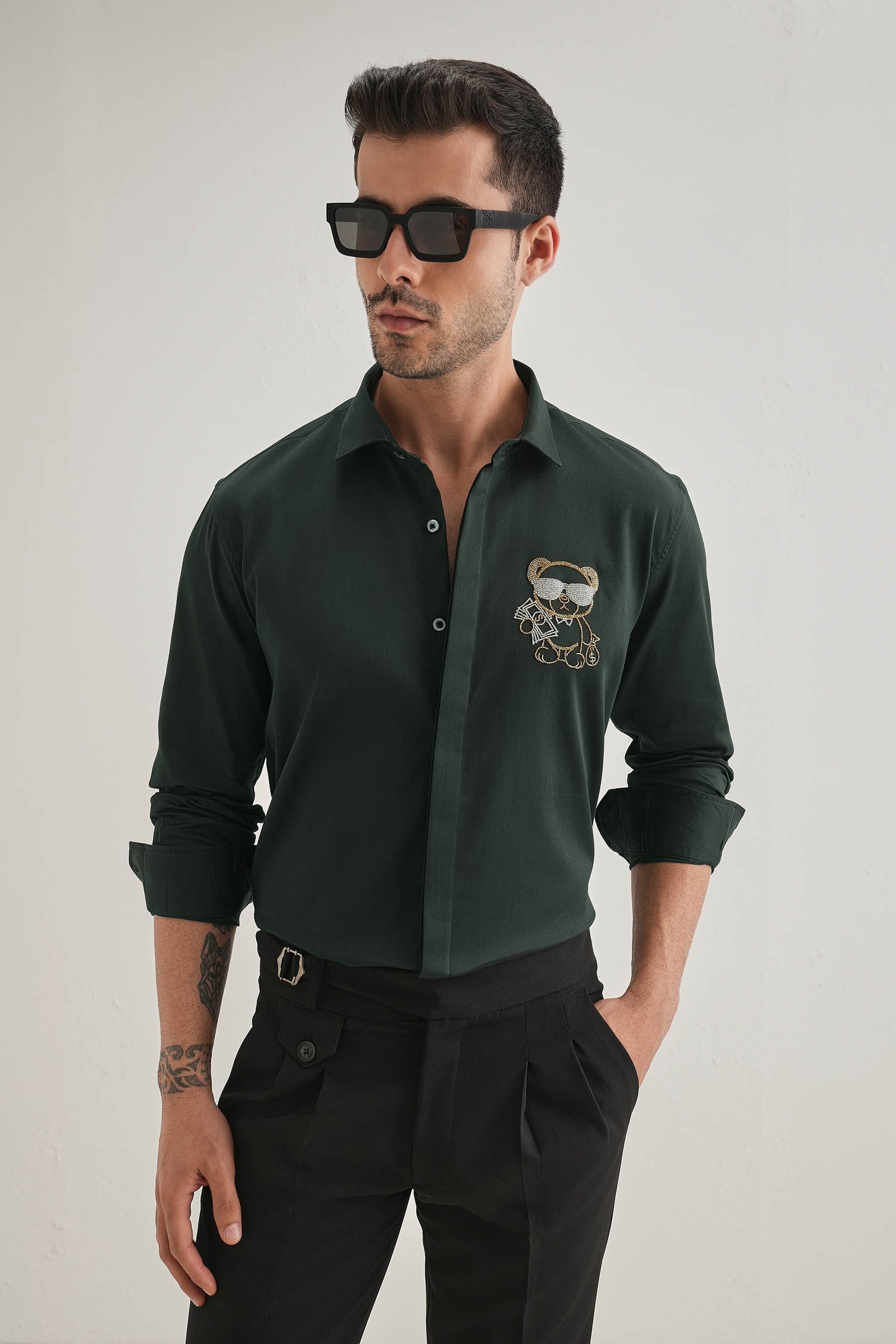 Bear-y-rich - Hand Embroidered Designer Shirt - Bottle Green