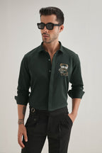 Bear-y-rich - Hand Embroidered Designer Shirt - Bottle Green