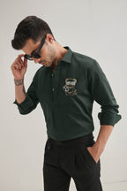 Bear-y-rich - Hand Embroidered Designer Shirt - Bottle Green