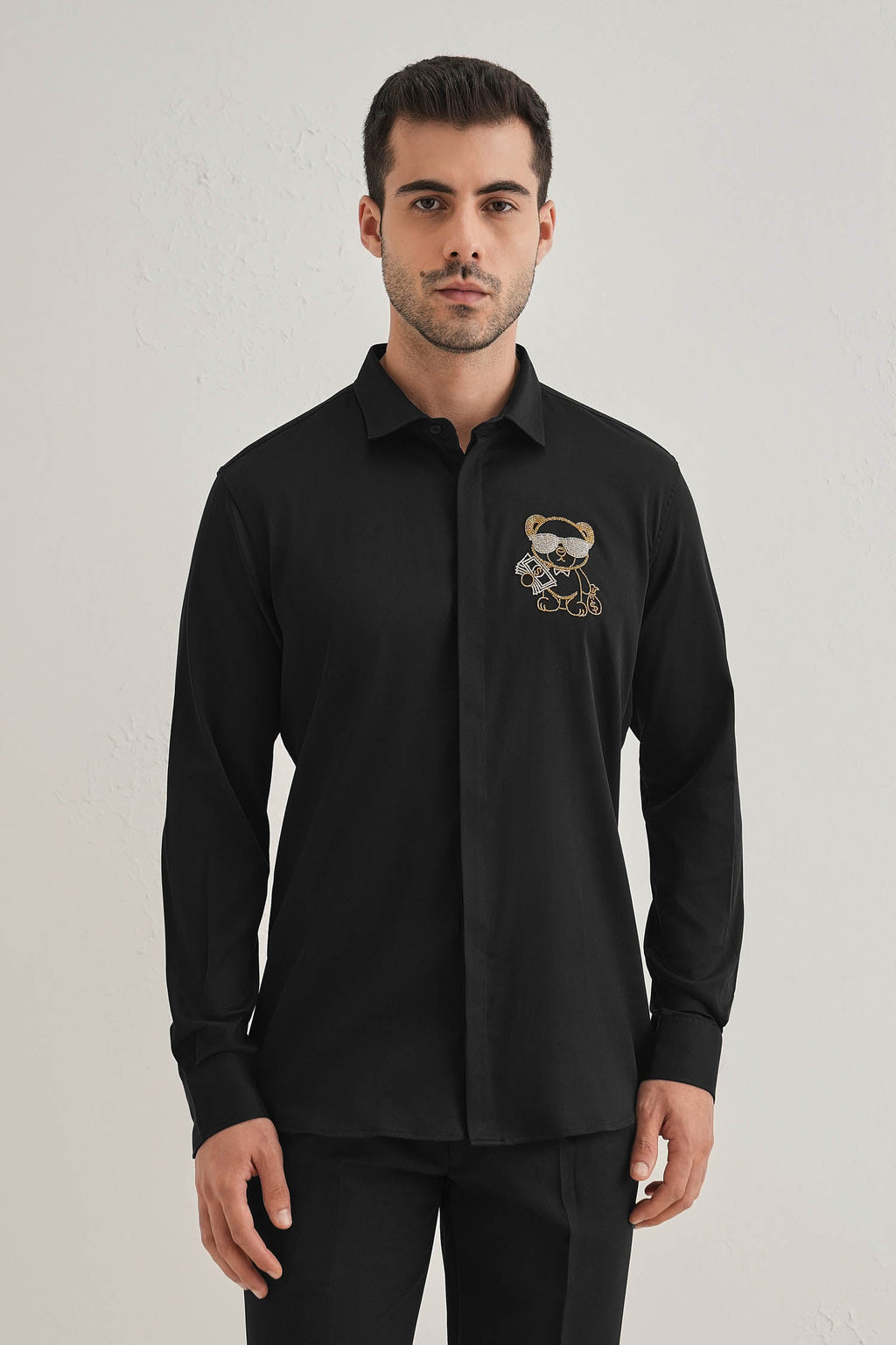 Bear-y-rich - Hand Embroidered Designer Shirt - Black