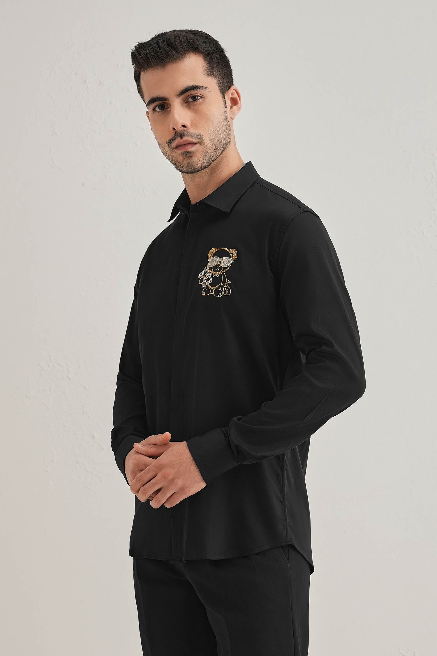 Bear-y-rich - Hand Embroidered Designer Shirt - Black