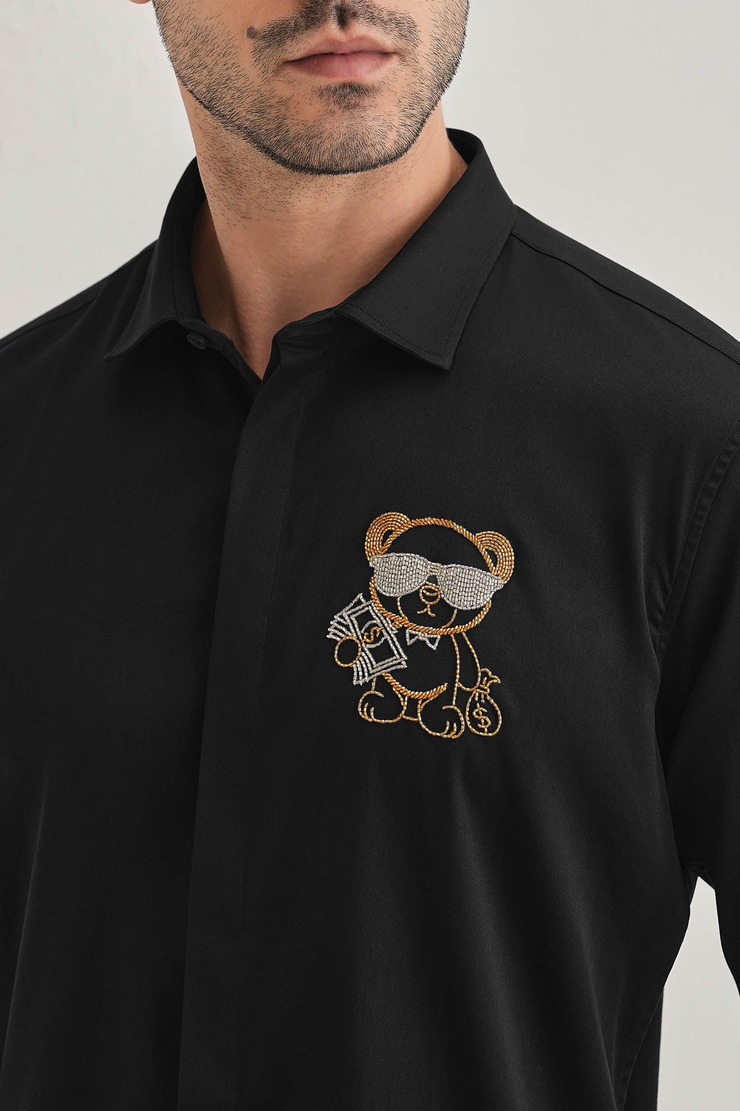 Bear-y-rich - Hand Embroidered Designer Shirt - Black