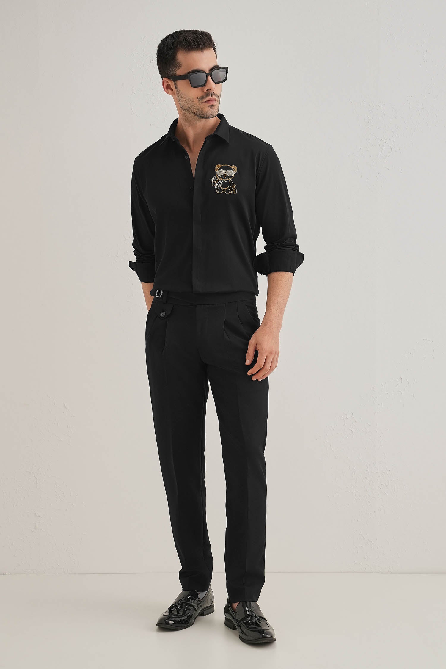 Bear-y-rich - Hand Embroidered Designer Shirt - Black