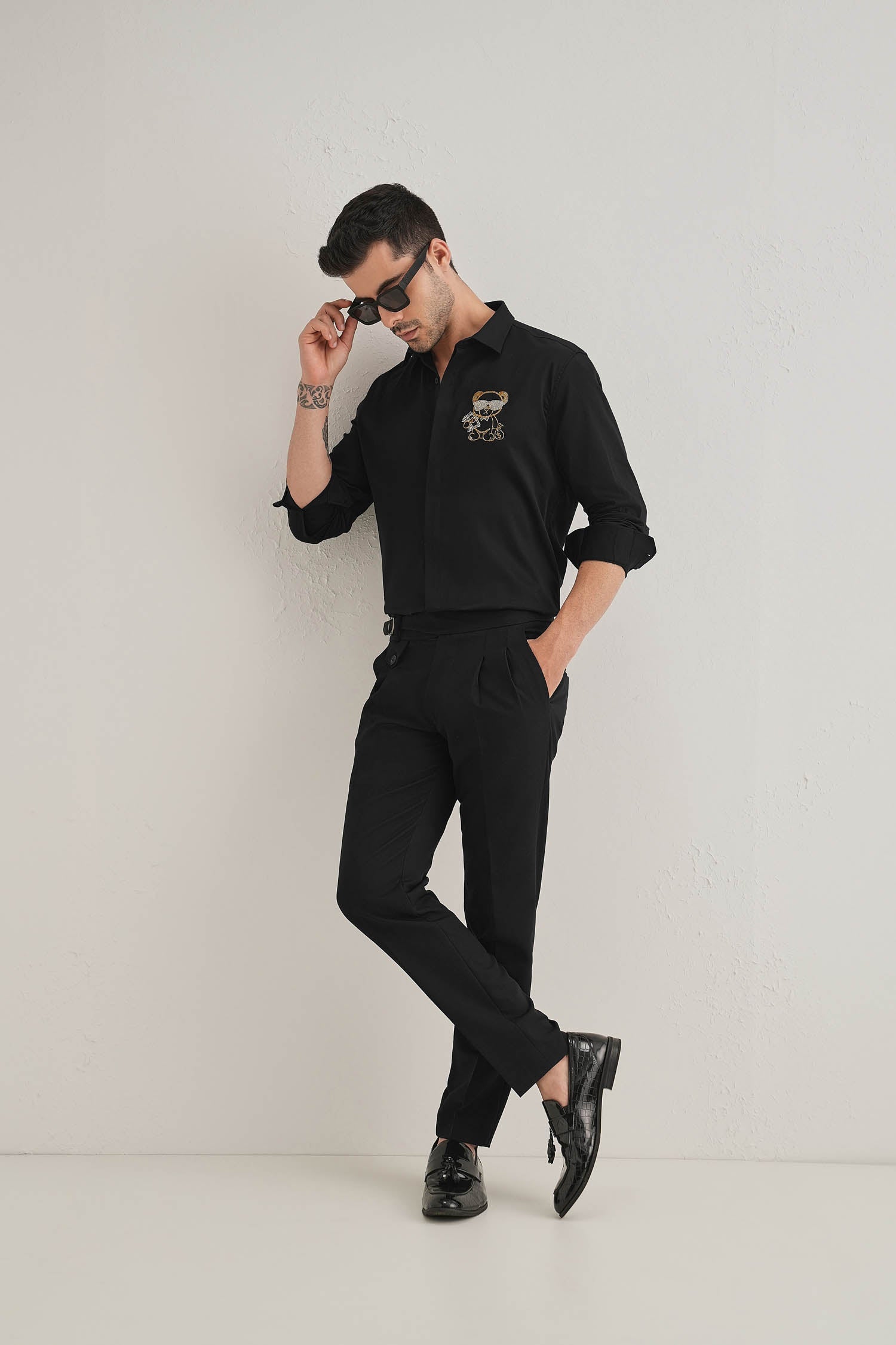 Bear-y-rich - Hand Embroidered Designer Shirt - Black