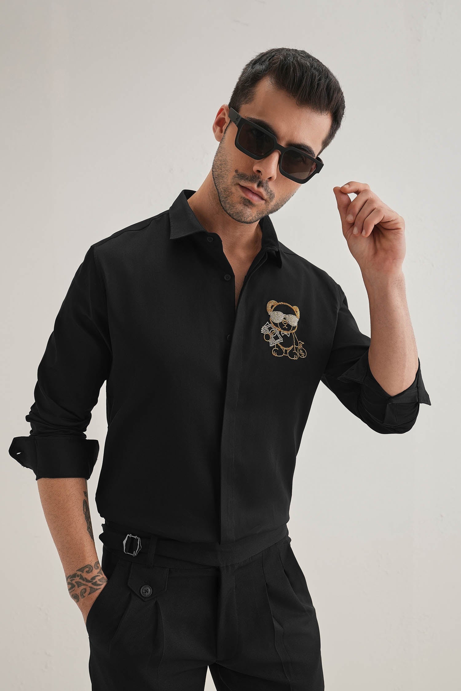 Bear-y-rich - Hand Embroidered Designer Shirt - Black