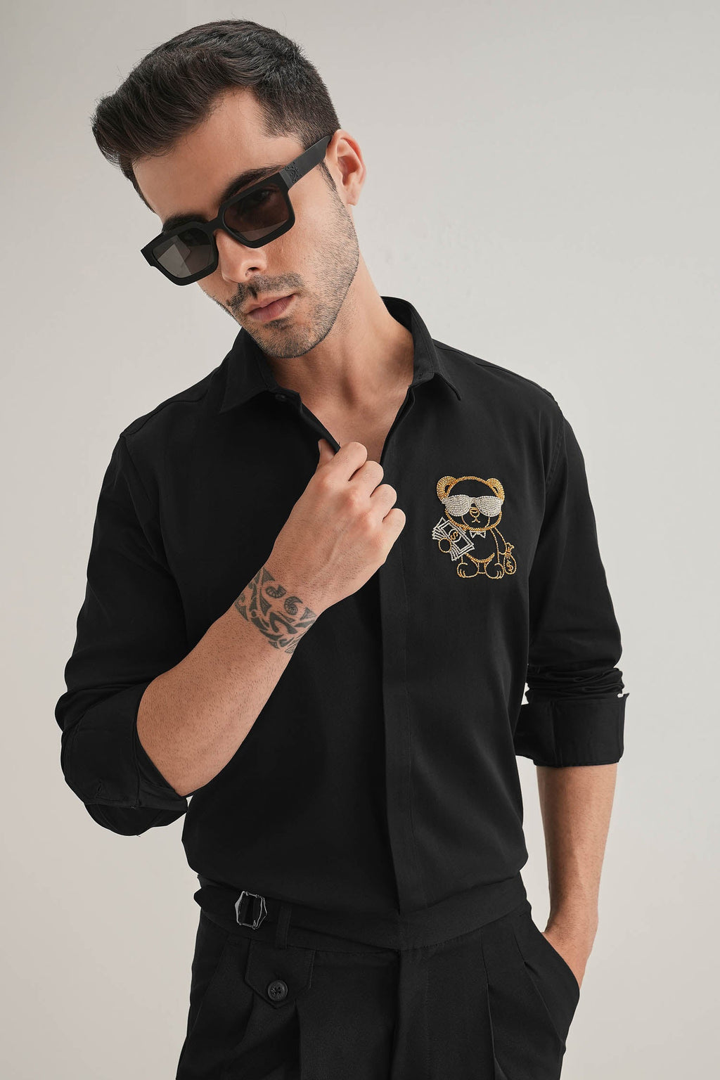 Bear-y-rich - Hand Embroidered Designer Shirt - Black