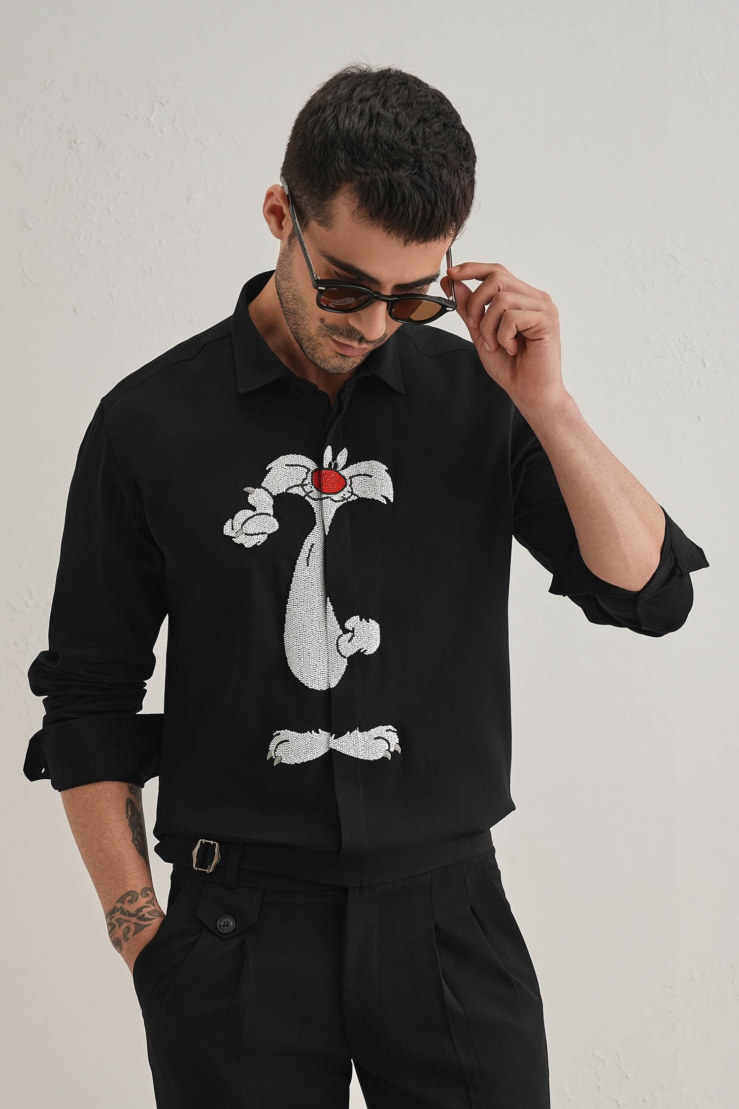 Sylvester Hand Embroidered Designer Shirt - Black