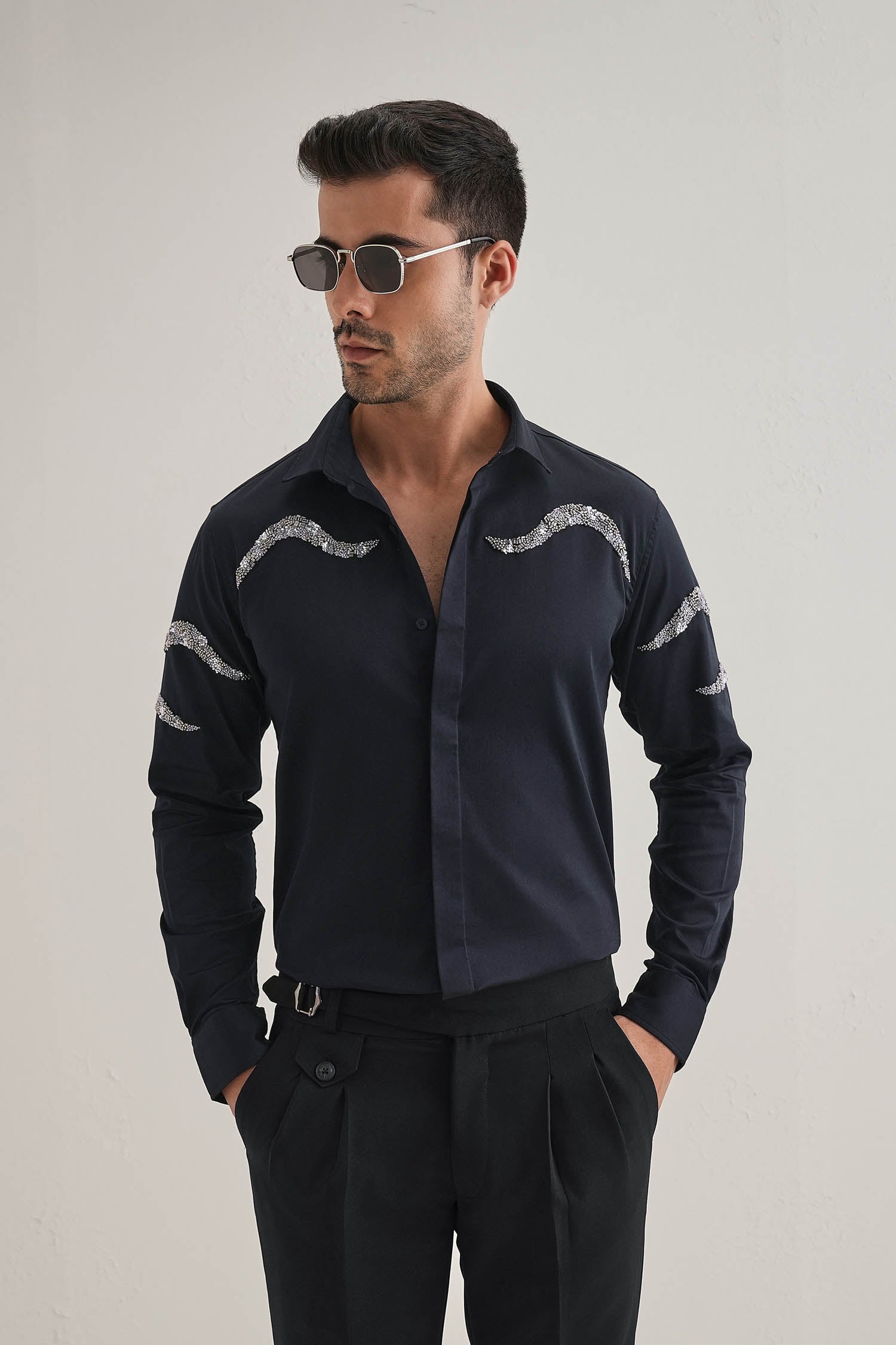 Sway - Hand Embroidered Designer Shirt - Navy