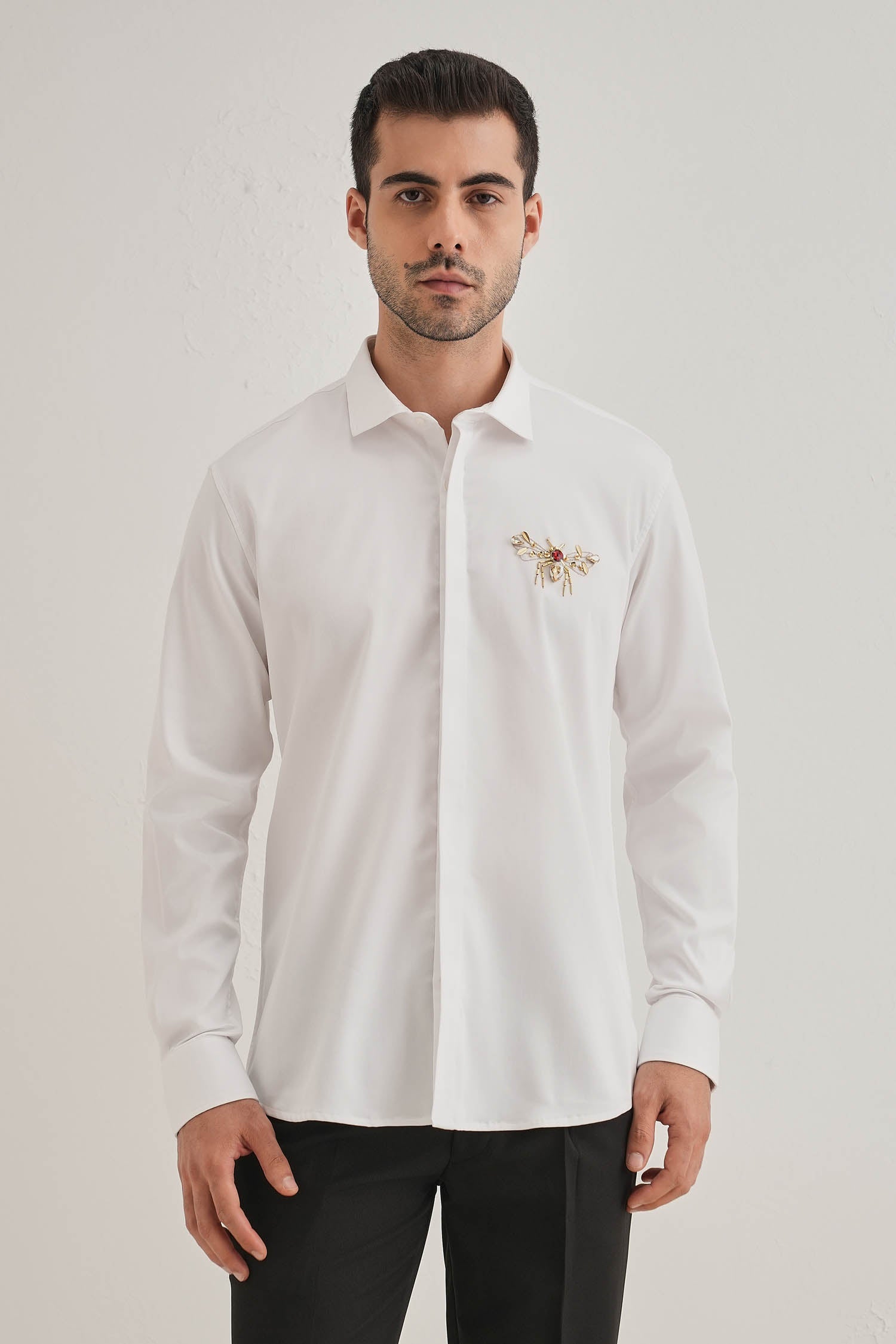Wasp Hand Embroidered Designer Shirt -White