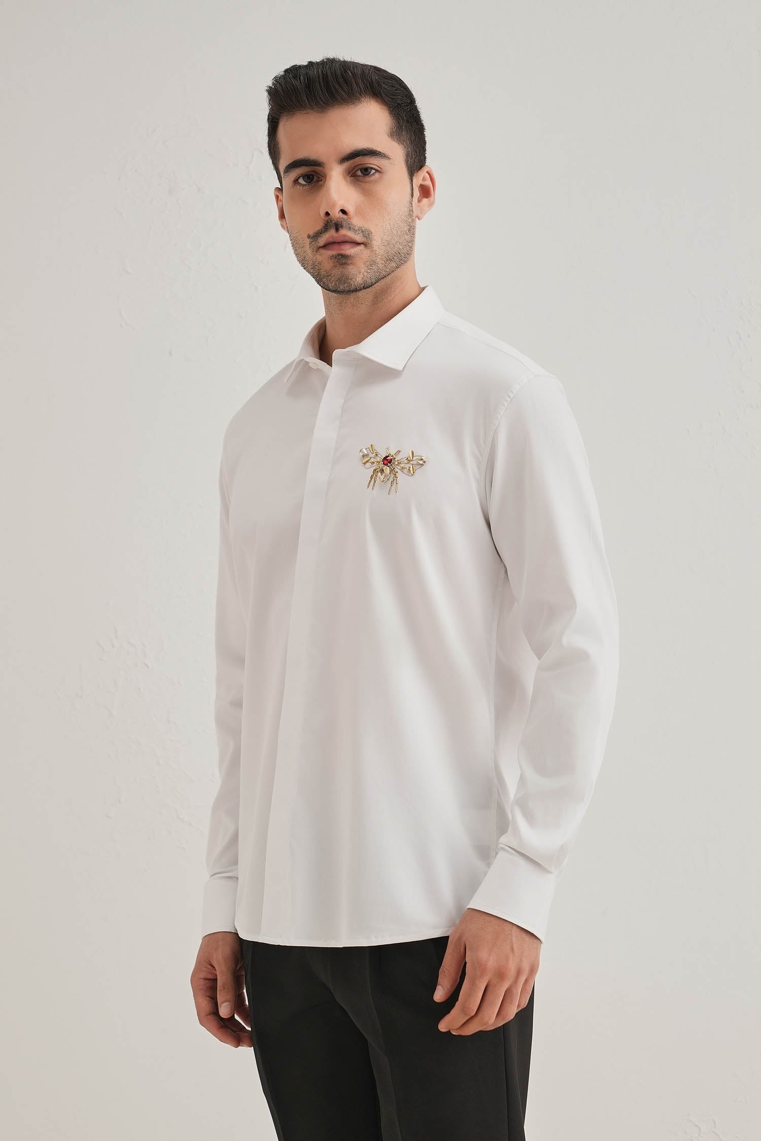 Wasp Hand Embroidered Designer Shirt -White