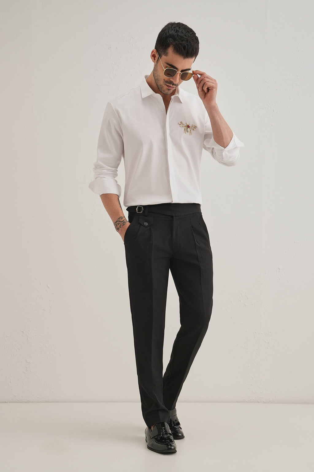 Wasp Hand Embroidered Designer Shirt -White