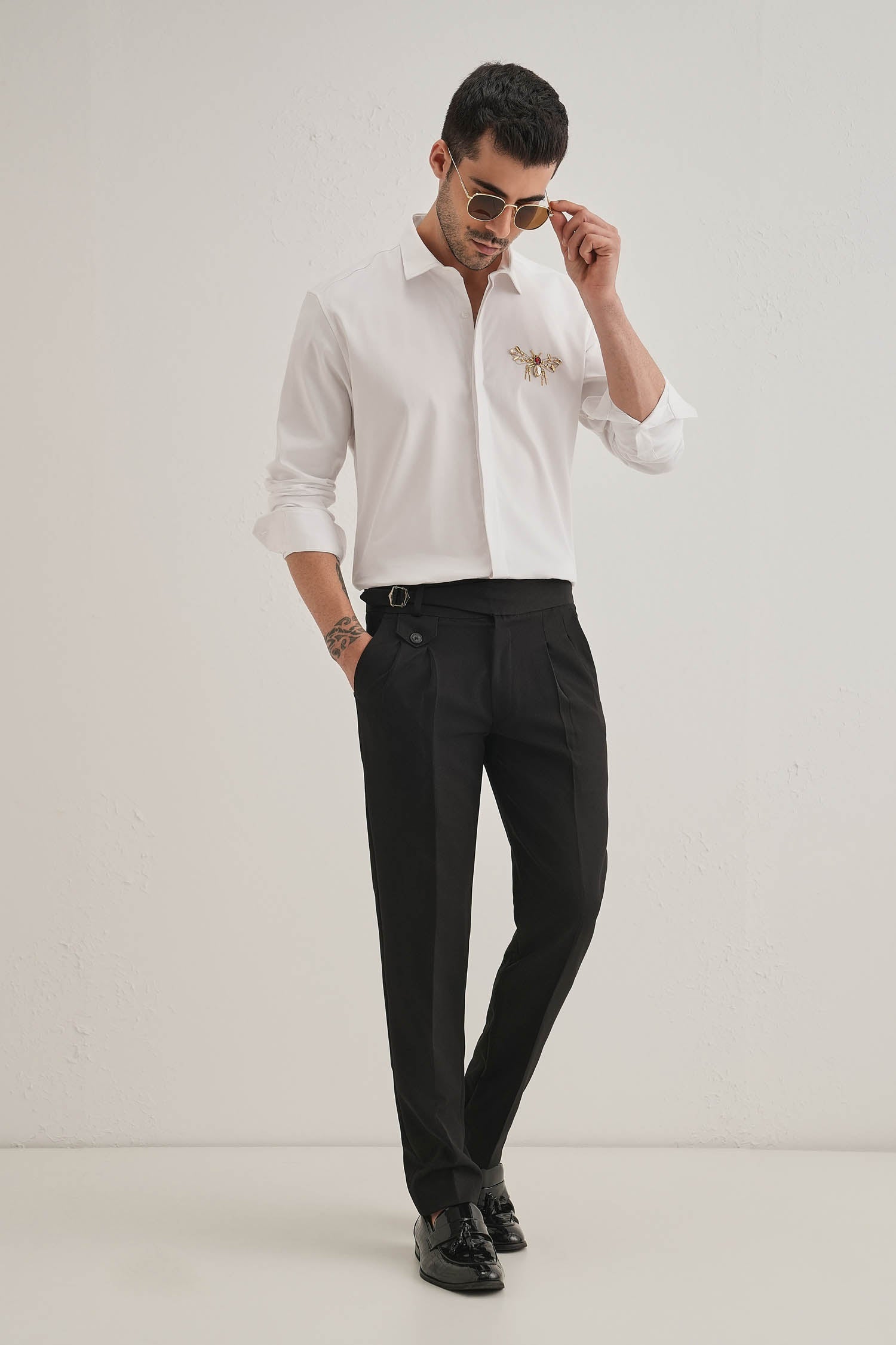 Wasp Hand Embroidered Designer Shirt -White