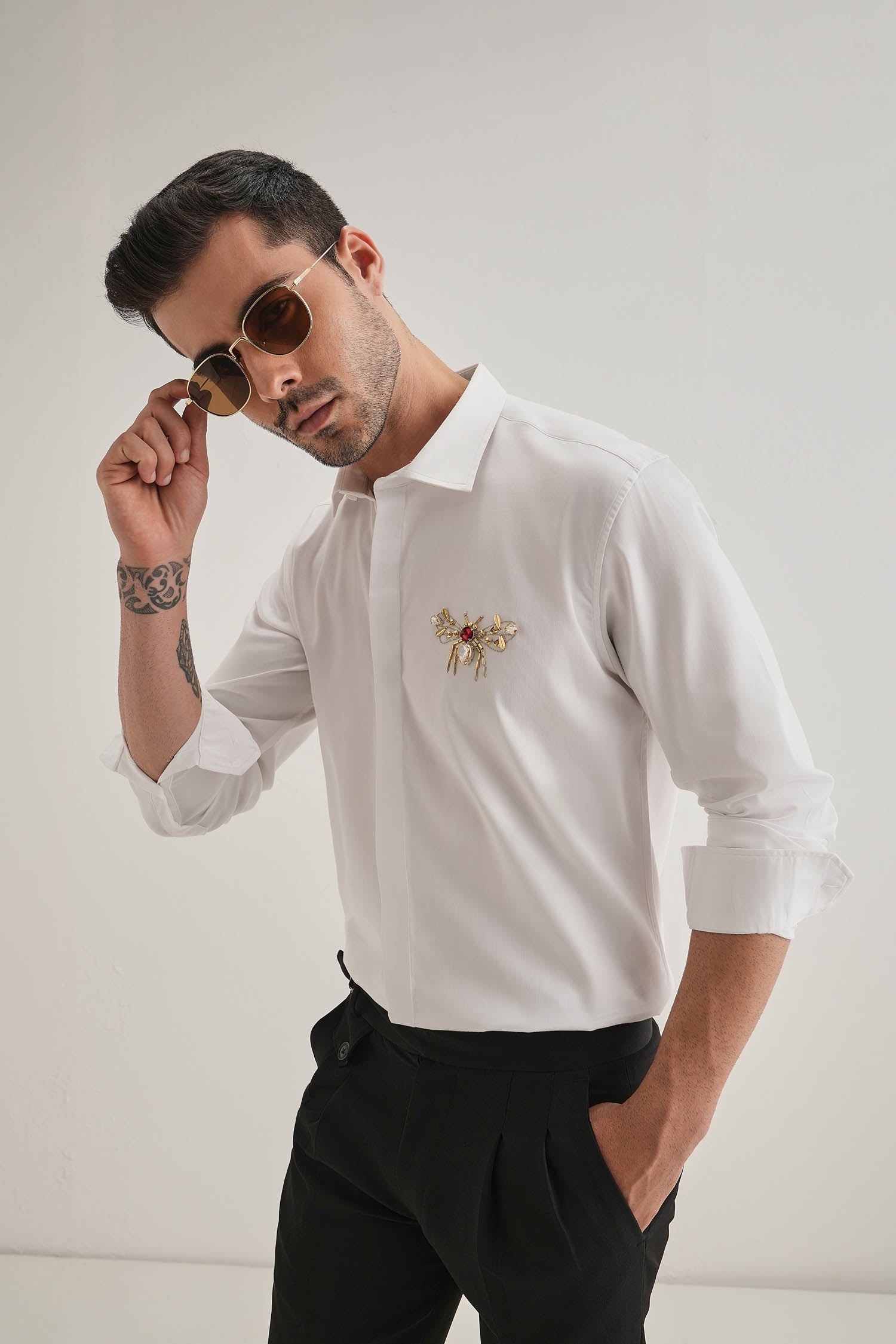 Wasp Hand Embroidered Designer Shirt -White