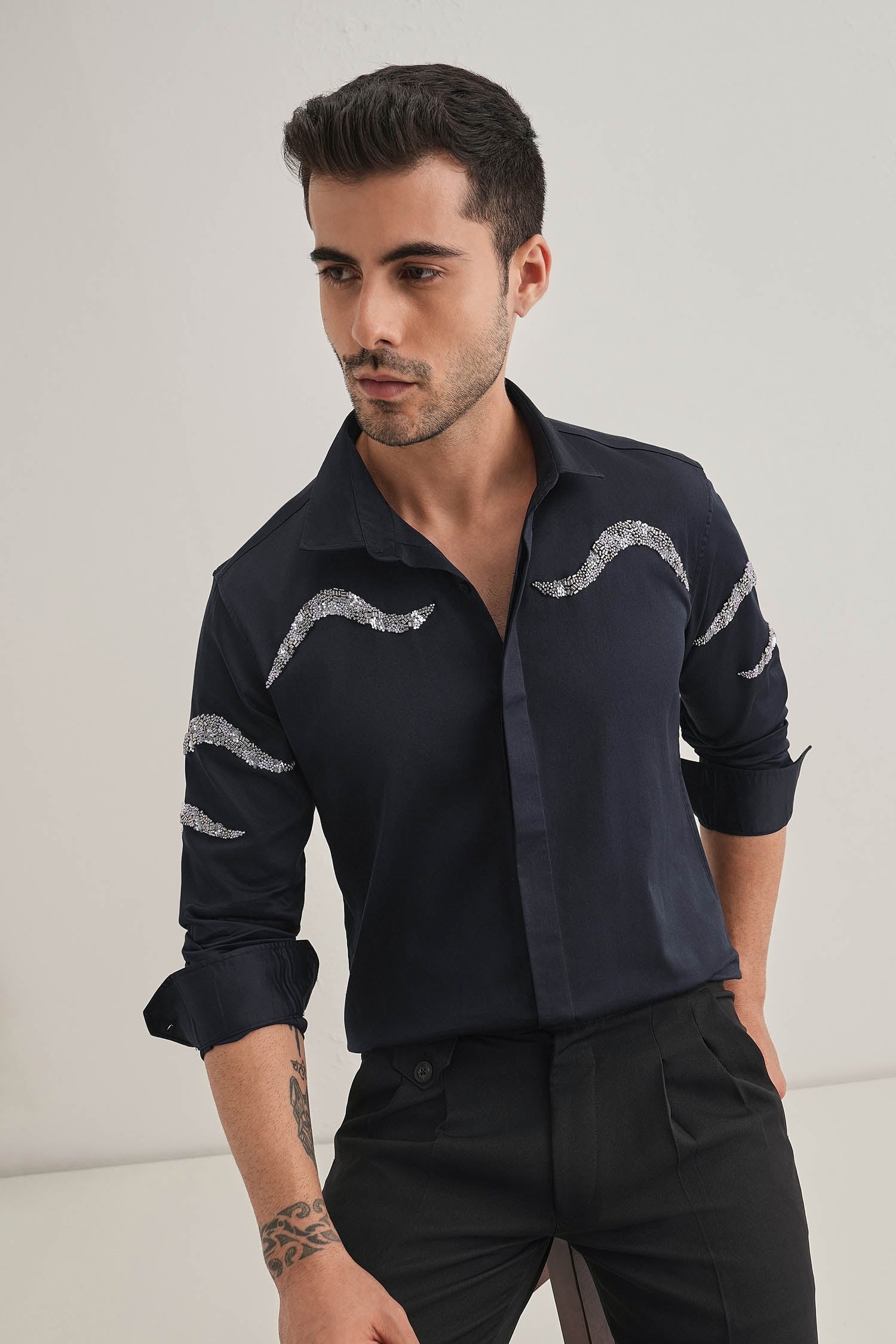 Sway - Hand Embroidered Designer Shirt - Navy