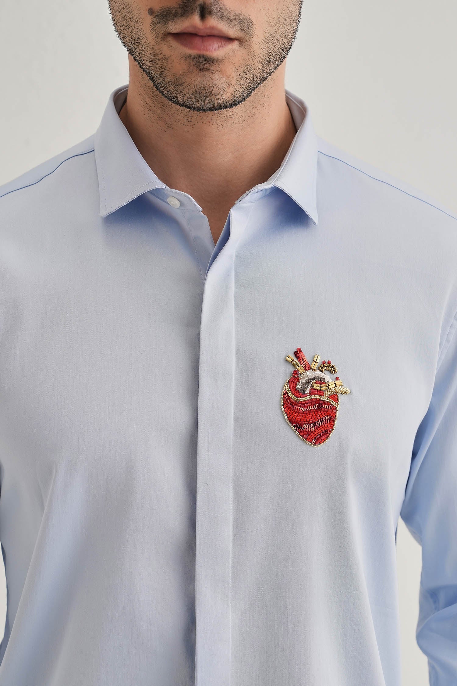 Biological Heart- Hand Embroidered Designer Shirt - Powder Blue