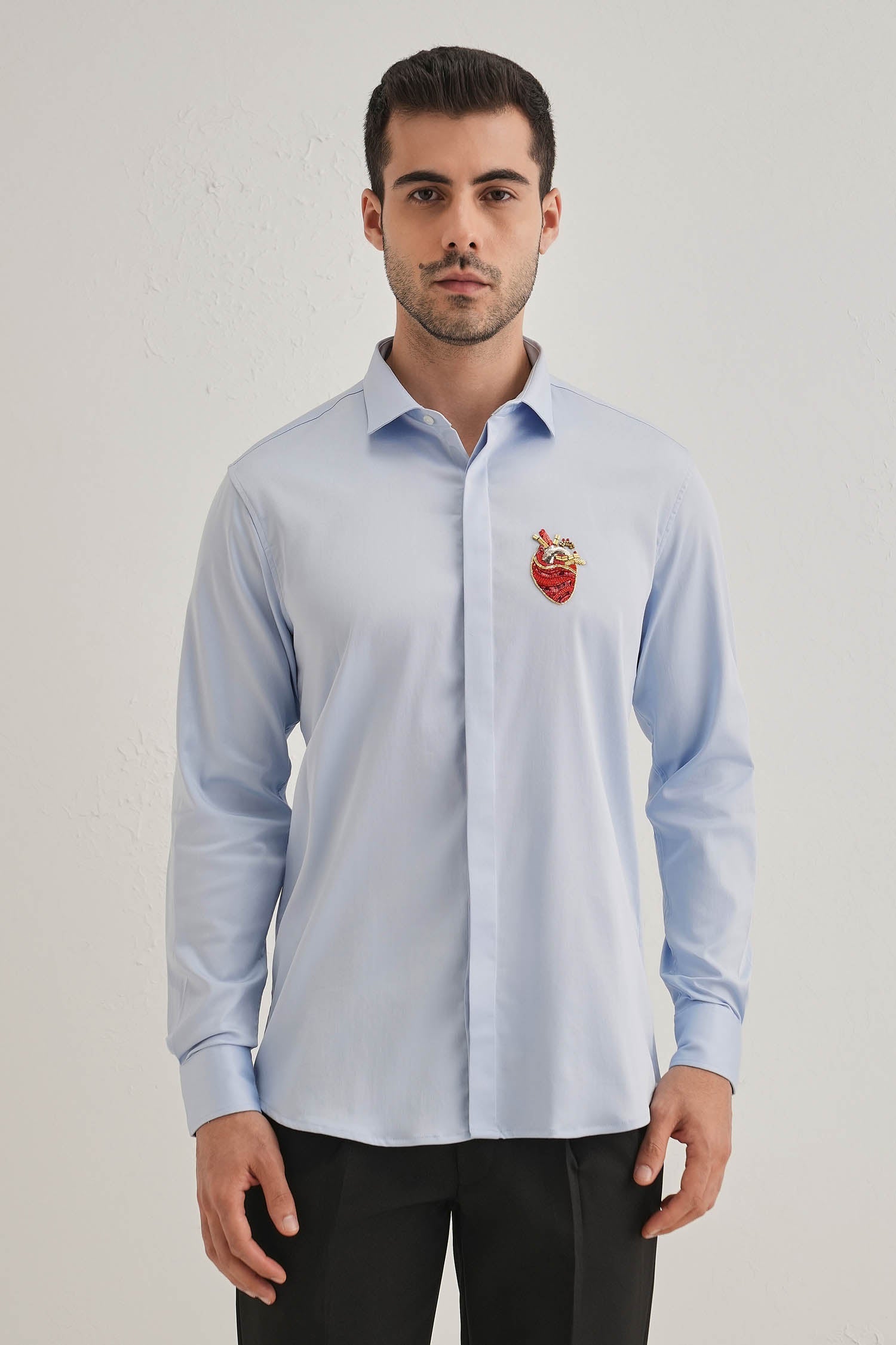Biological Heart- Hand Embroidered Designer Shirt - Powder Blue