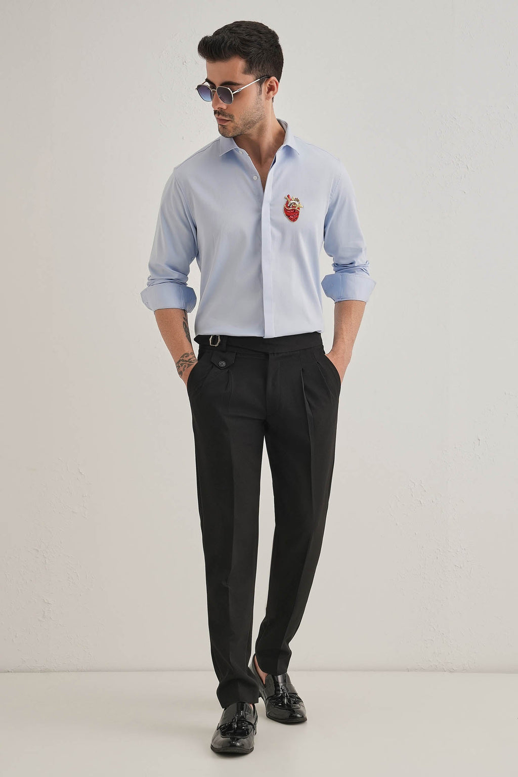 Biological Heart- Hand Embroidered Designer Shirt - Powder Blue