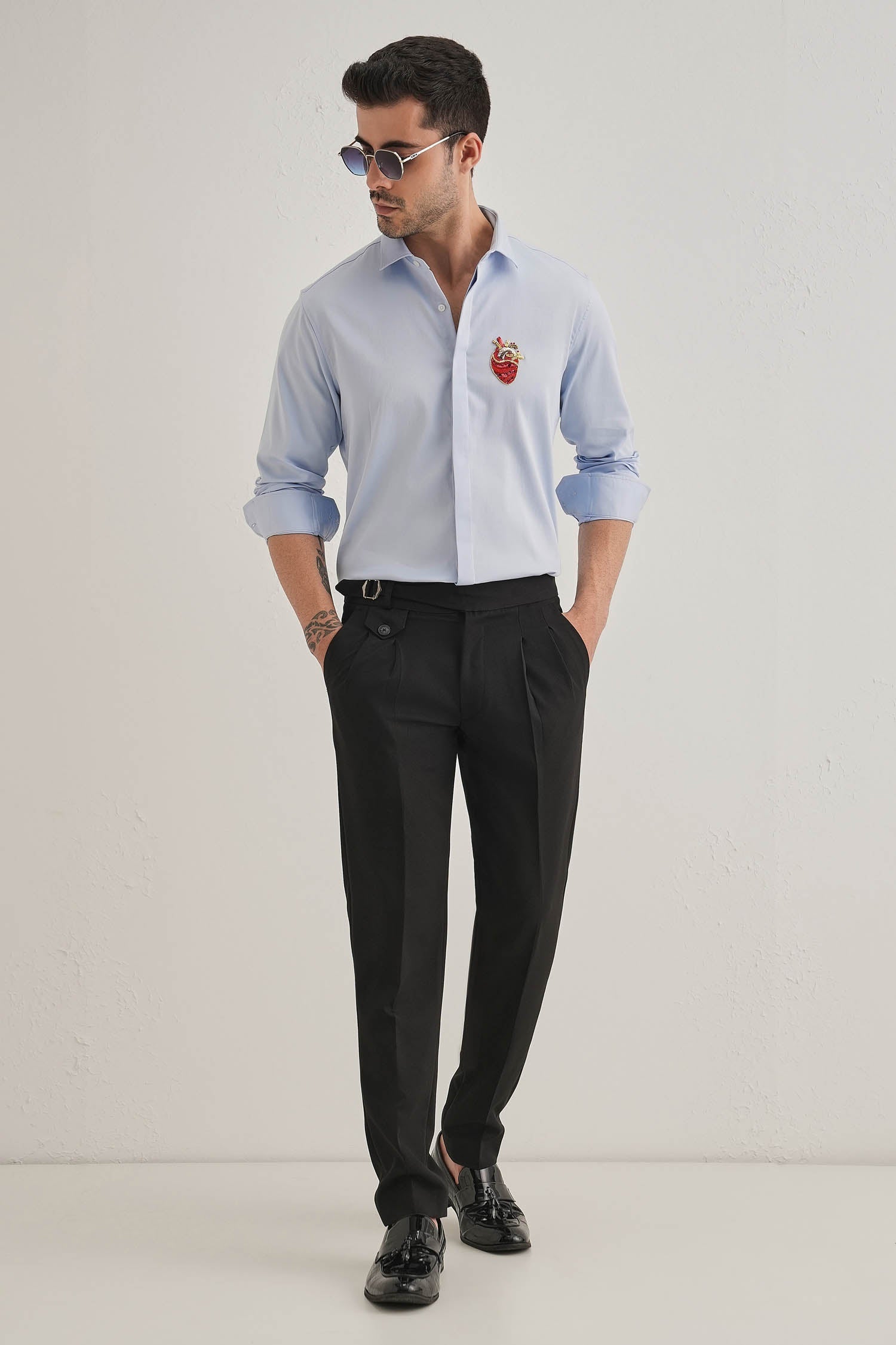 Biological Heart- Hand Embroidered Designer Shirt - Powder Blue