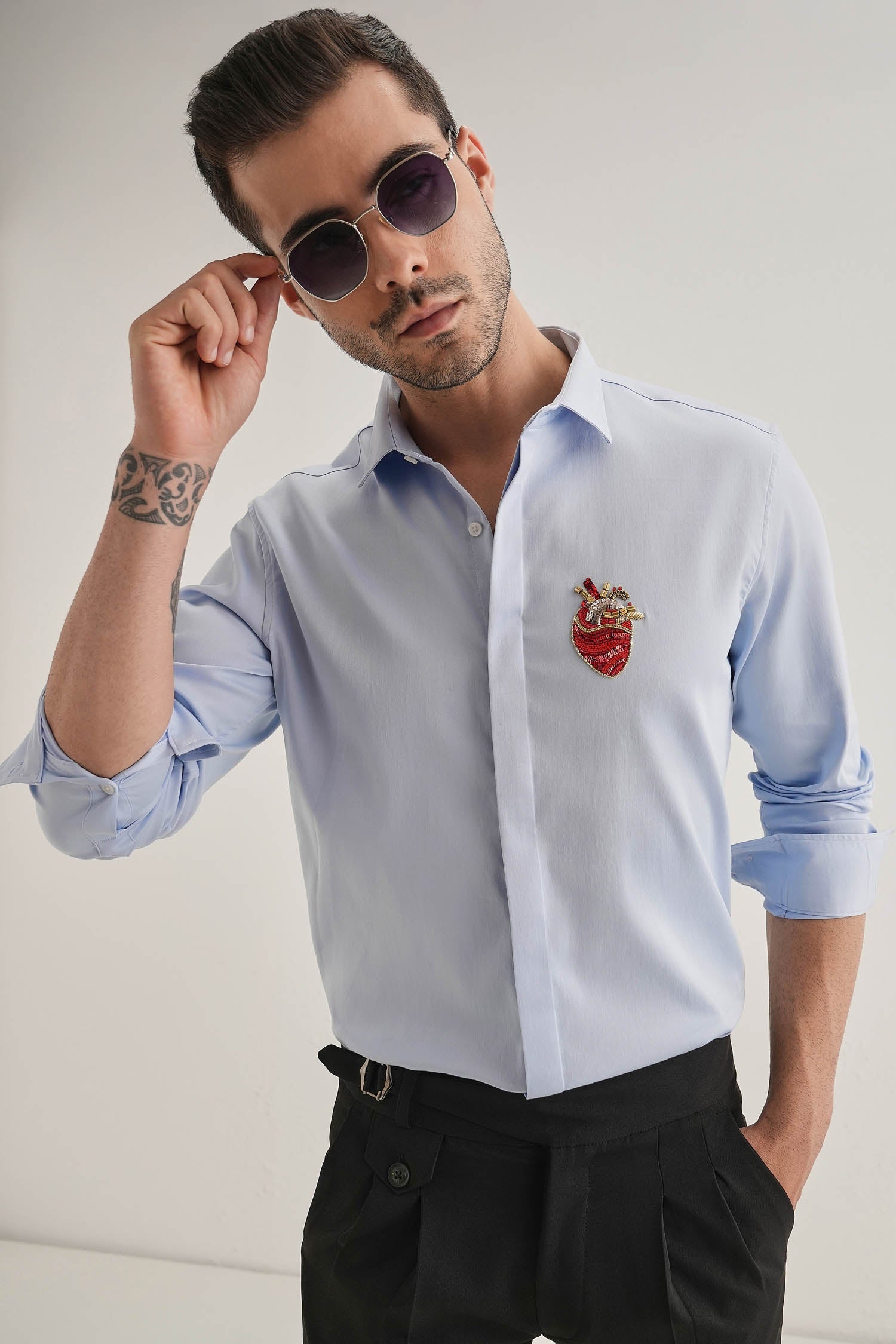 Biological Heart- Hand Embroidered Designer Shirt - Powder Blue