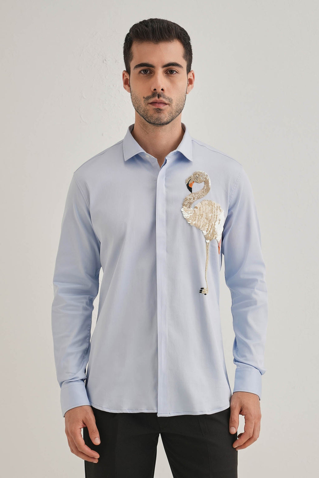 Flamingo - Hand Embroidered Designer Shirt - Powder Blue