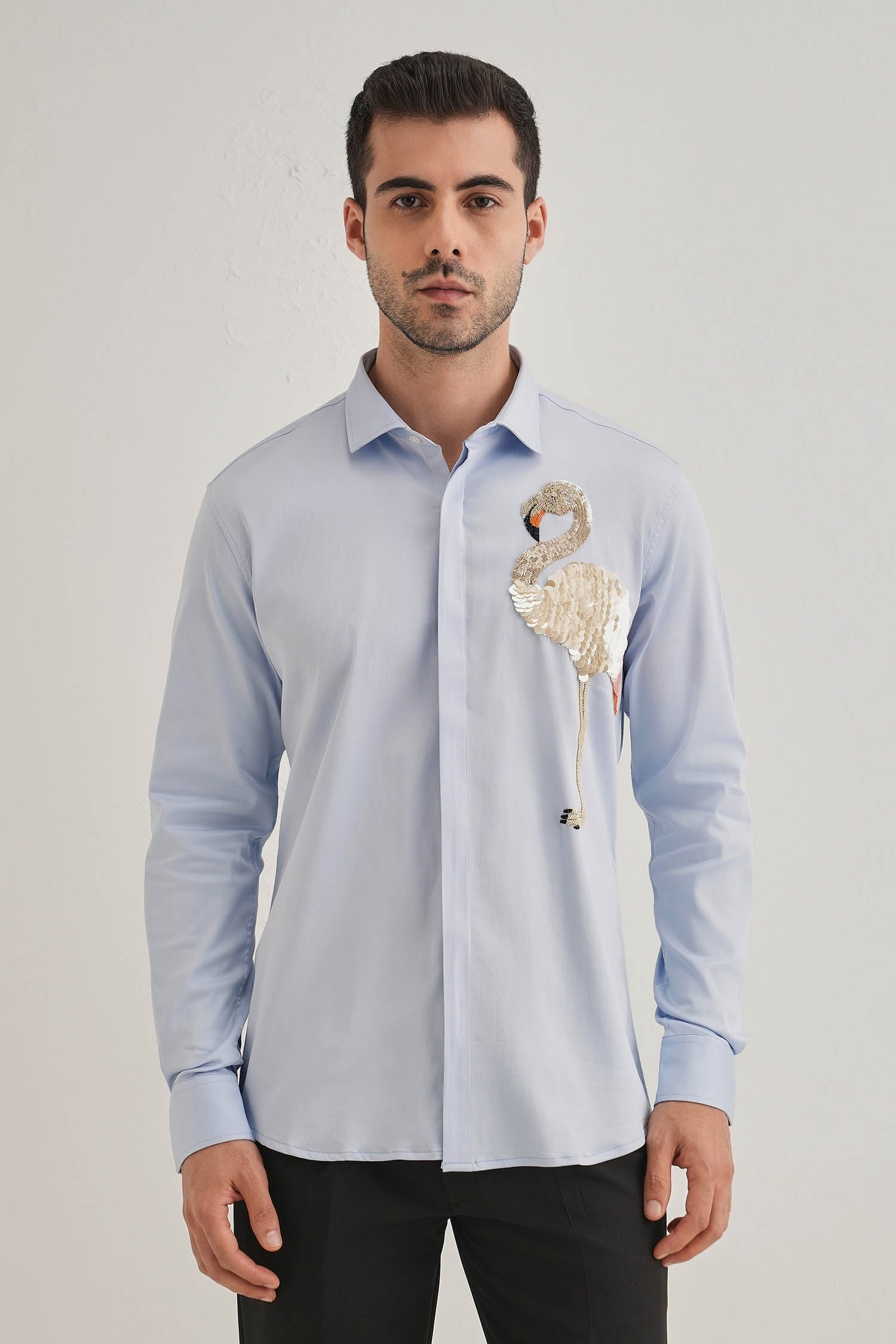 Flamingo - Hand Embroidered Designer Shirt - Powder Blue
