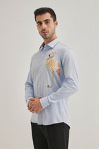 Flamingo - Hand Embroidered Designer Shirt - Powder Blue