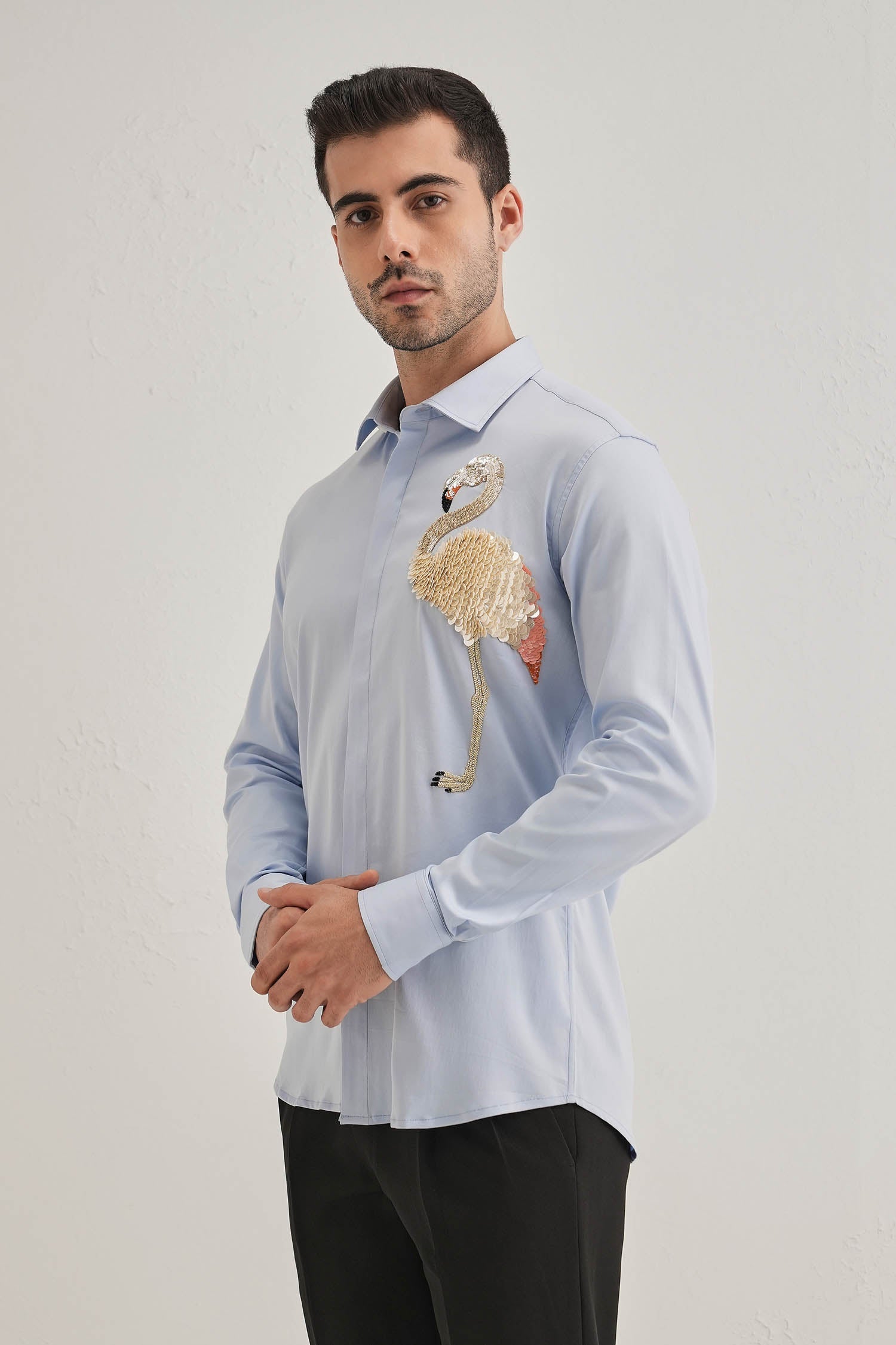 Flamingo - Hand Embroidered Designer Shirt - Powder Blue