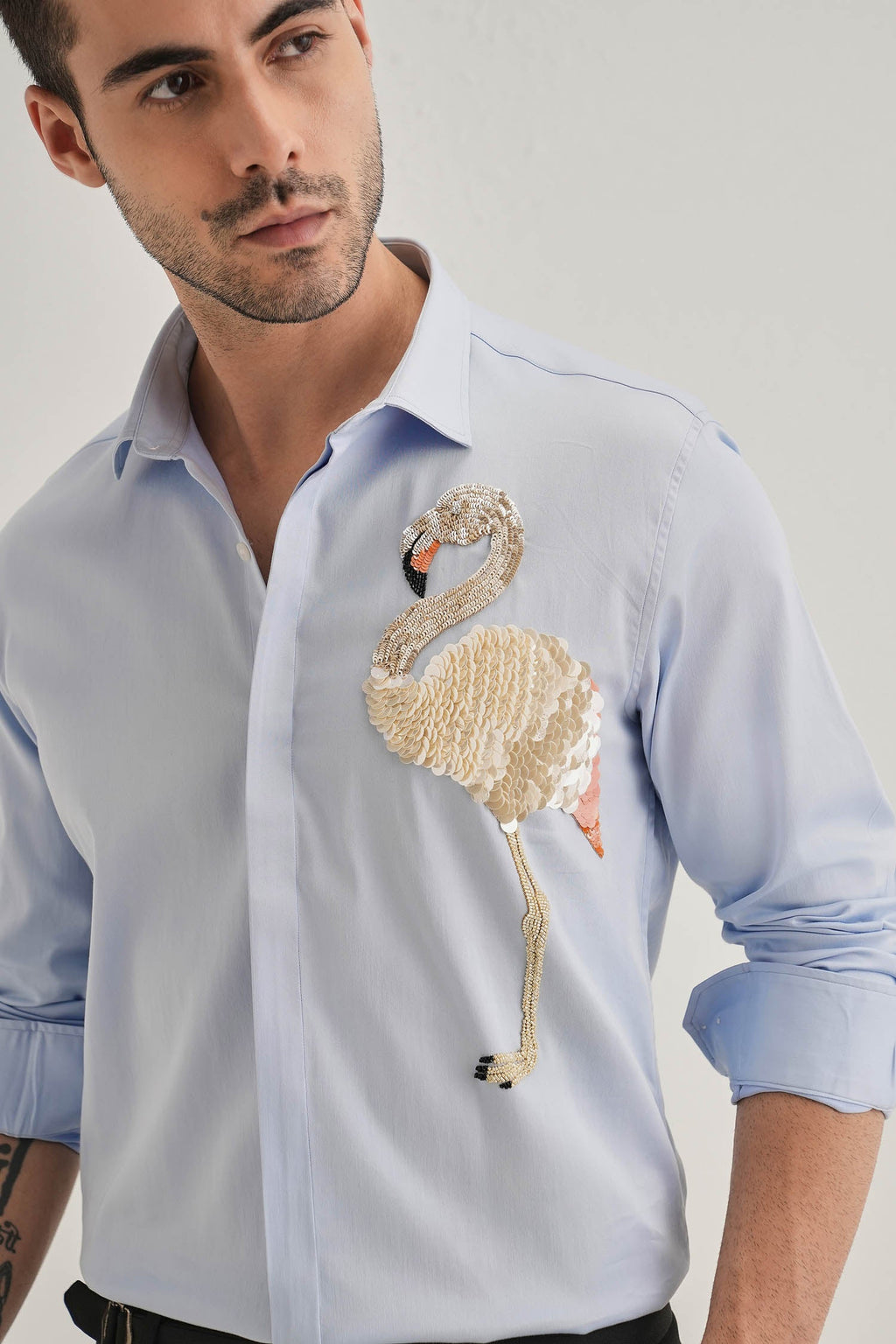 Flamingo - Hand Embroidered Designer Shirt - Powder Blue