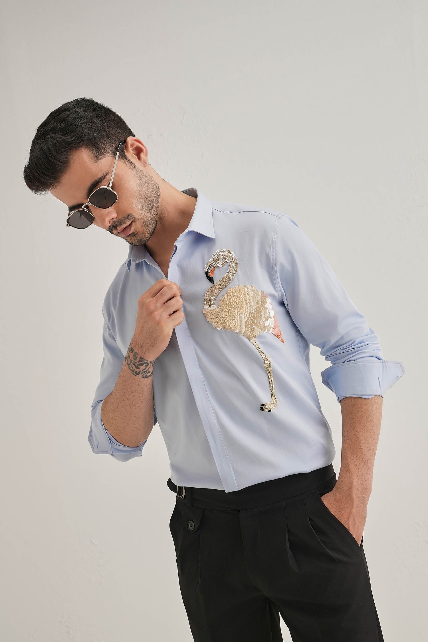 Flamingo - Hand Embroidered Designer Shirt - Powder Blue