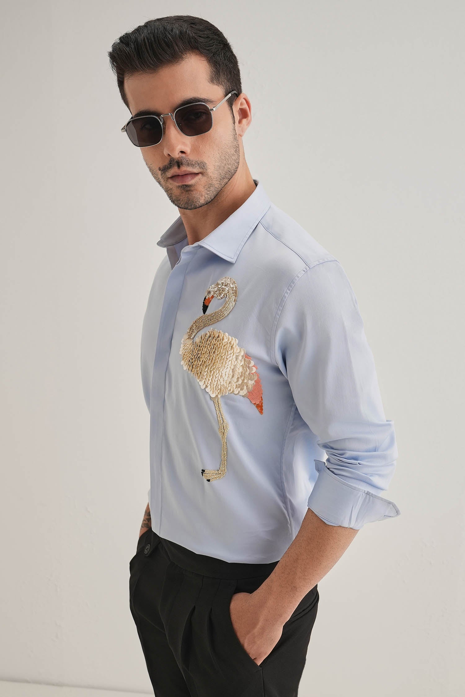 Flamingo - Hand Embroidered Designer Shirt - Powder Blue