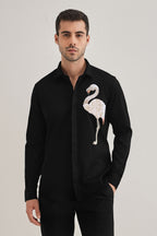 Flamingo - Hand Embroidered Designer Shirt - Black