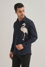 Flamingo - Hand Embroidered Designer Shirt - Navy