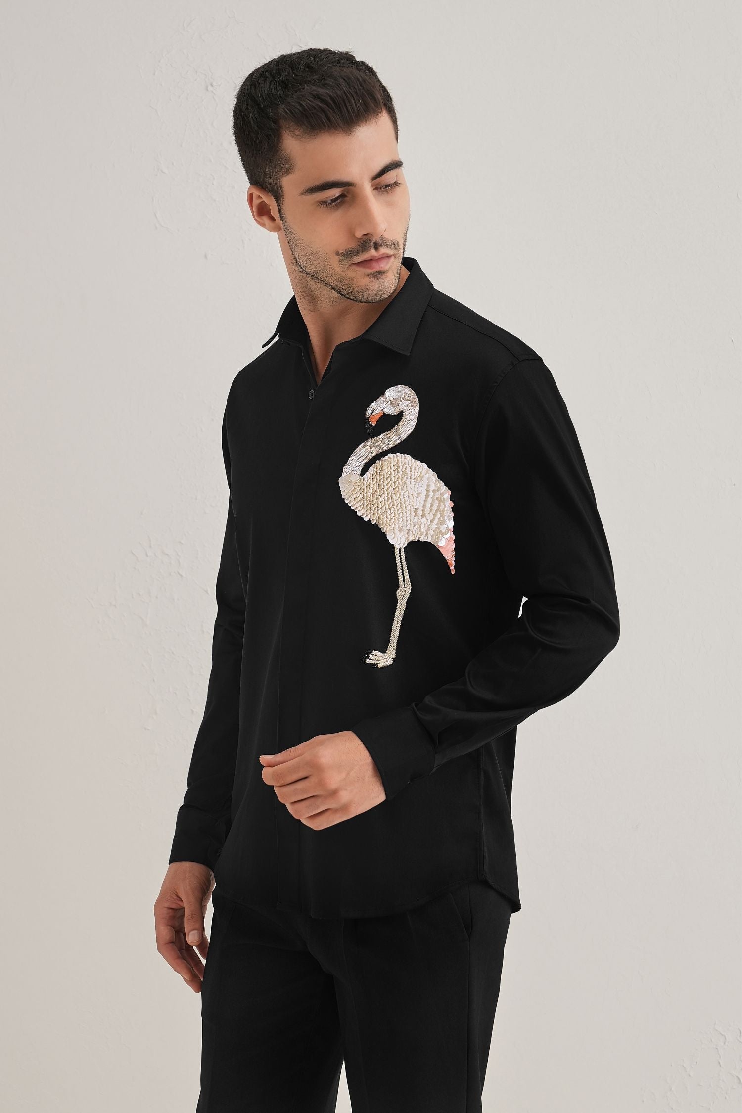 Flamingo - Hand Embroidered Designer Shirt - Black