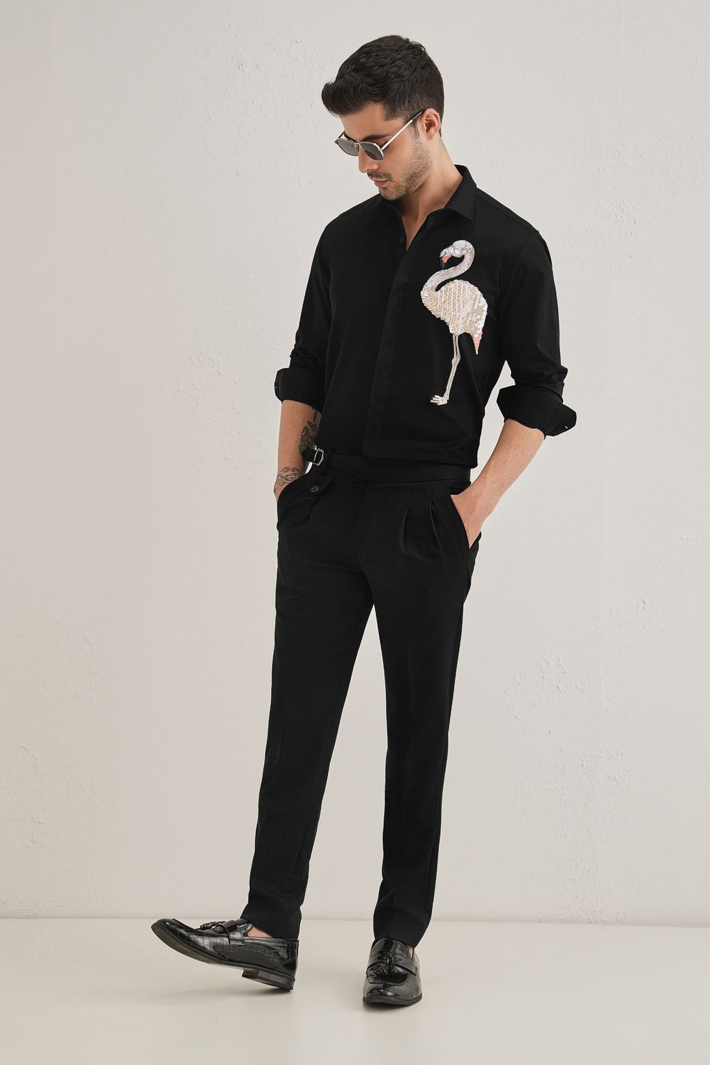 Flamingo - Hand Embroidered Designer Shirt - Black