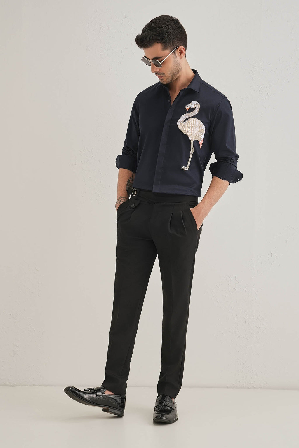 Flamingo - Hand Embroidered Designer Shirt - Navy