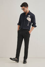 Flamingo - Hand Embroidered Designer Shirt - Navy