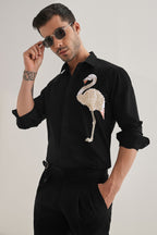 Flamingo - Hand Embroidered Designer Shirt - Black