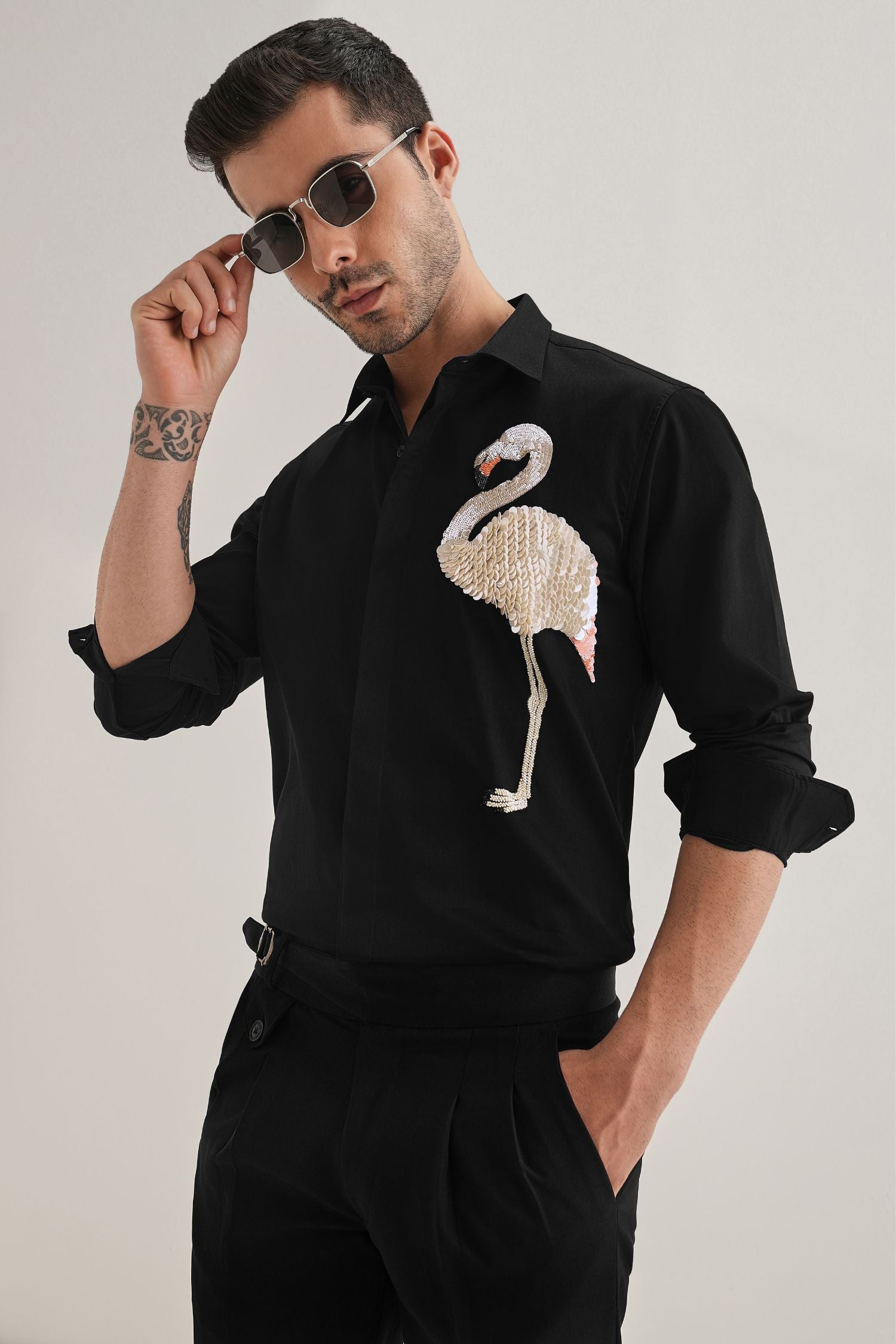 Flamingo - Hand Embroidered Designer Shirt - Black