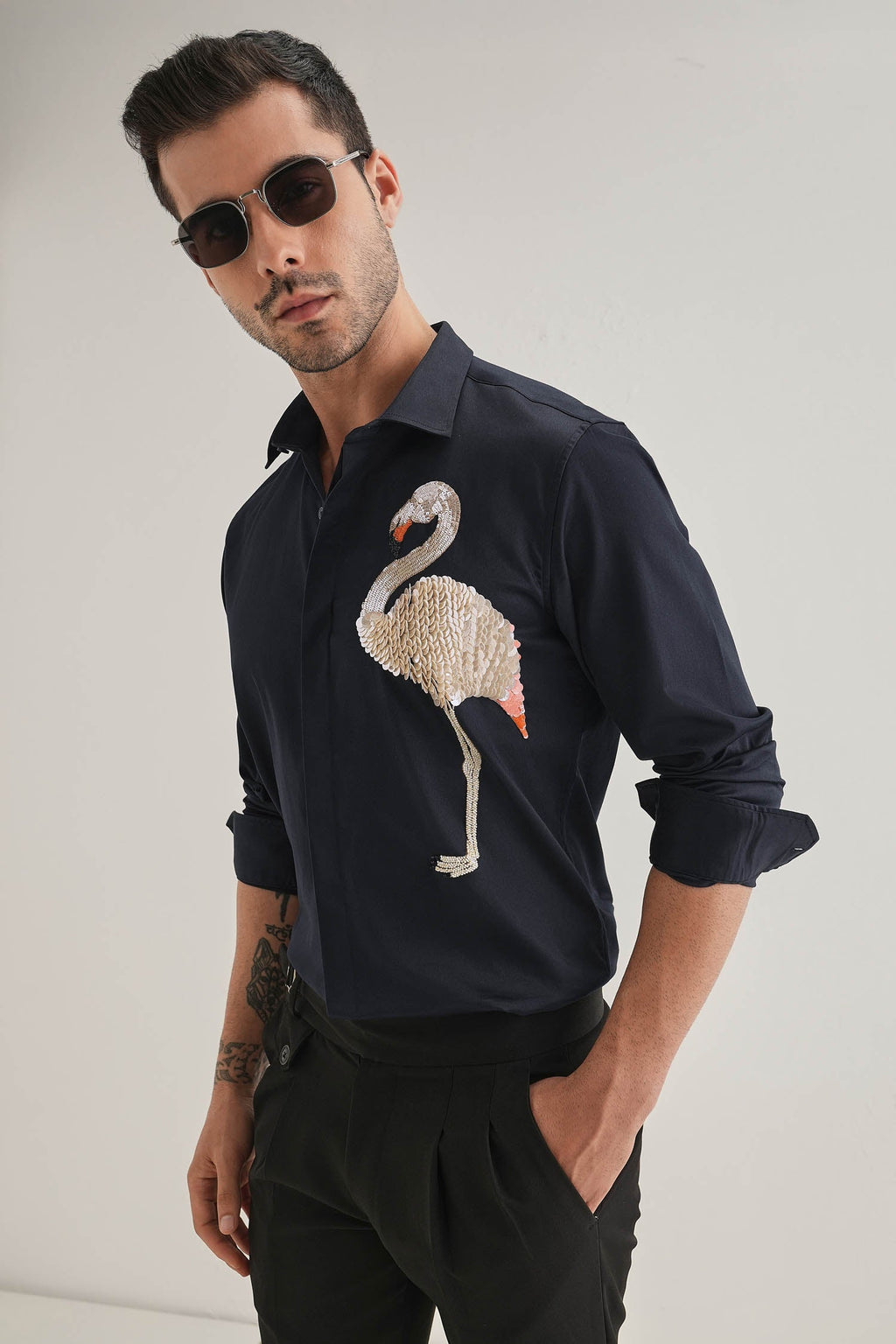 Flamingo - Hand Embroidered Designer Shirt - Navy