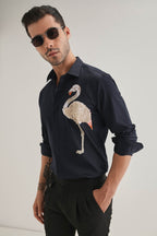 Flamingo - Hand Embroidered Designer Shirt - Navy