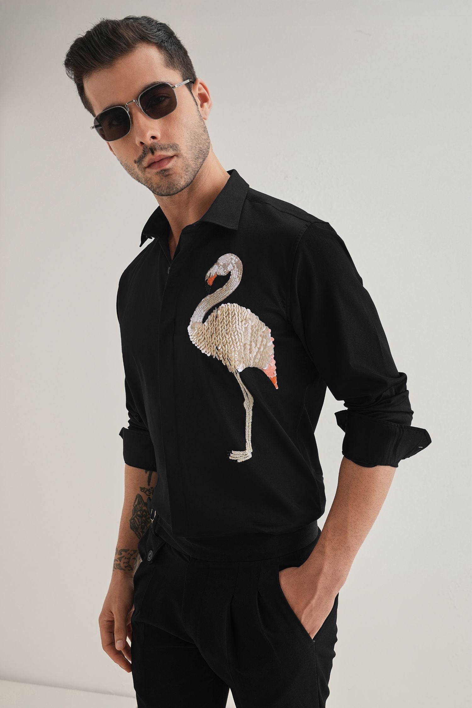 Flamingo - Hand Embroidered Designer Shirt - Black