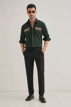 Bobcat - Hand Embroidered Designer Shirt - Bottle Green