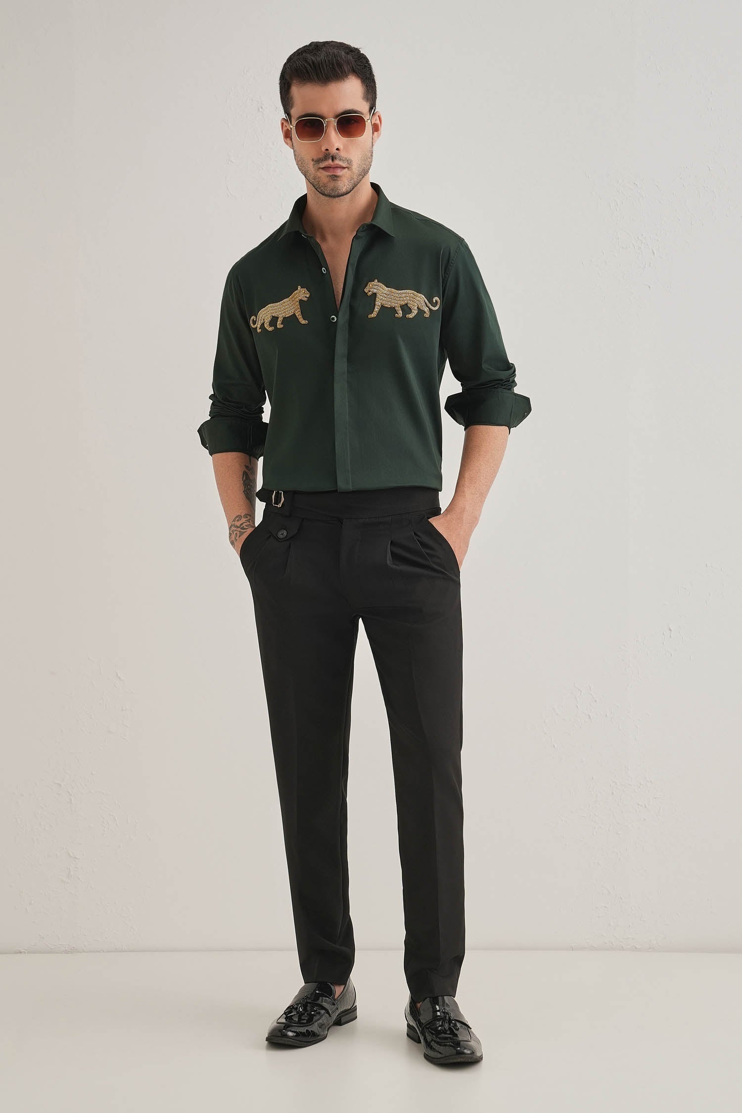 Bobcat - Hand Embroidered Designer Shirt - Bottle Green