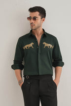 Bobcat - Hand Embroidered Designer Shirt - Bottle Green