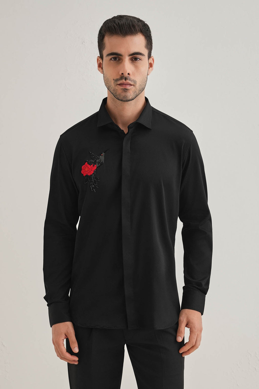 Song Bird Hand Embroidered Designer Shirt - Black