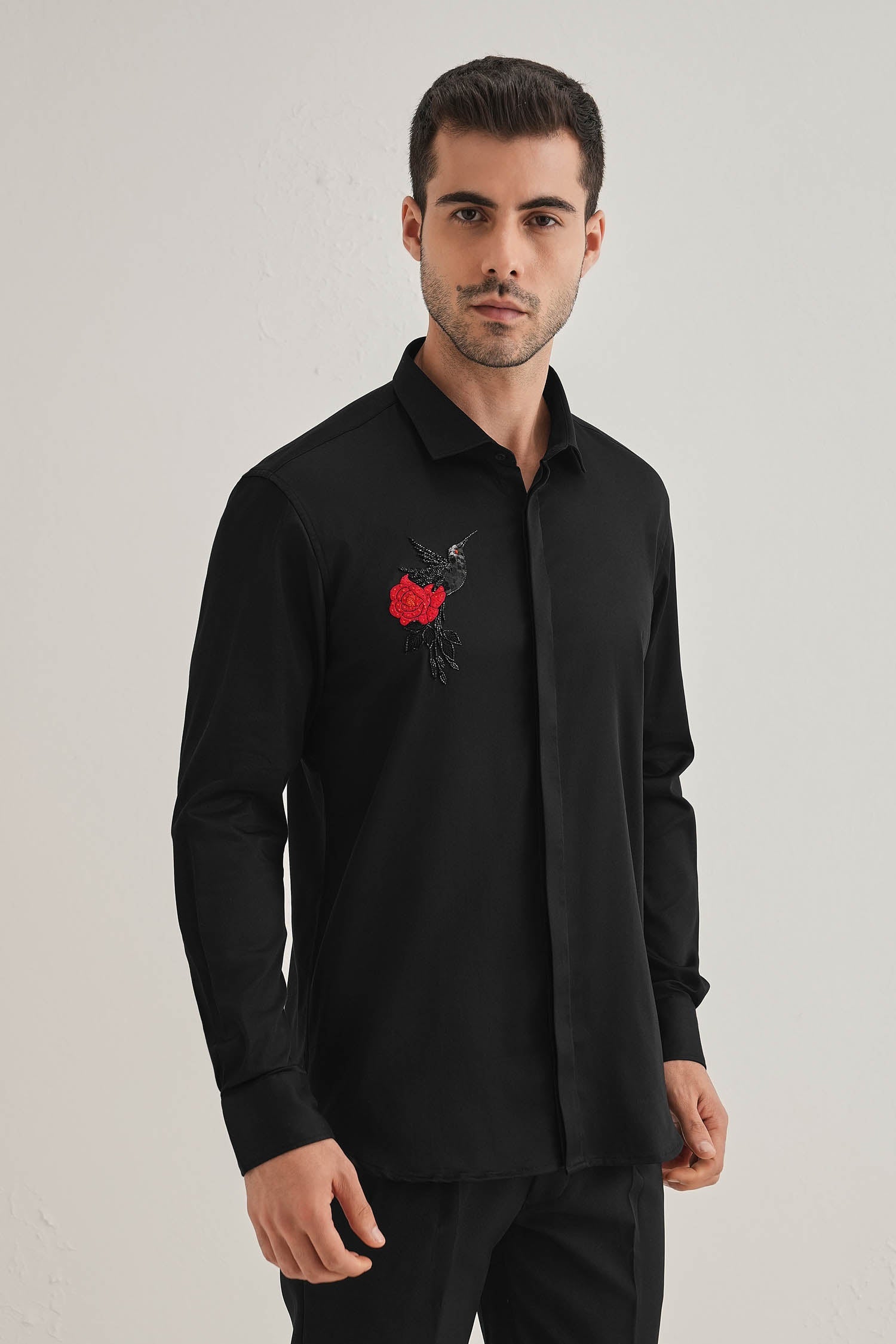 Song Bird Hand Embroidered Designer Shirt - Black