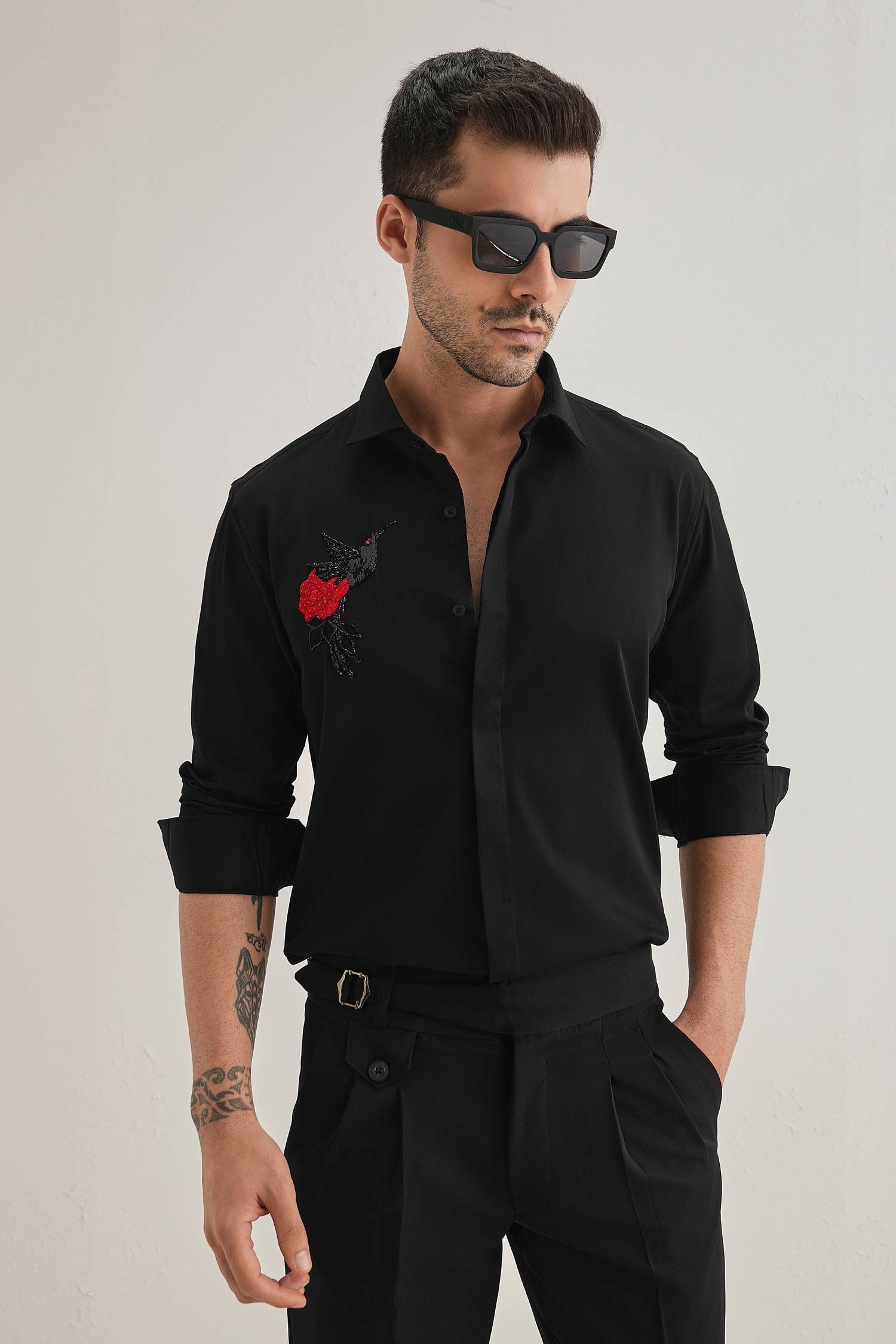 Song Bird Hand Embroidered Designer Shirt - Black