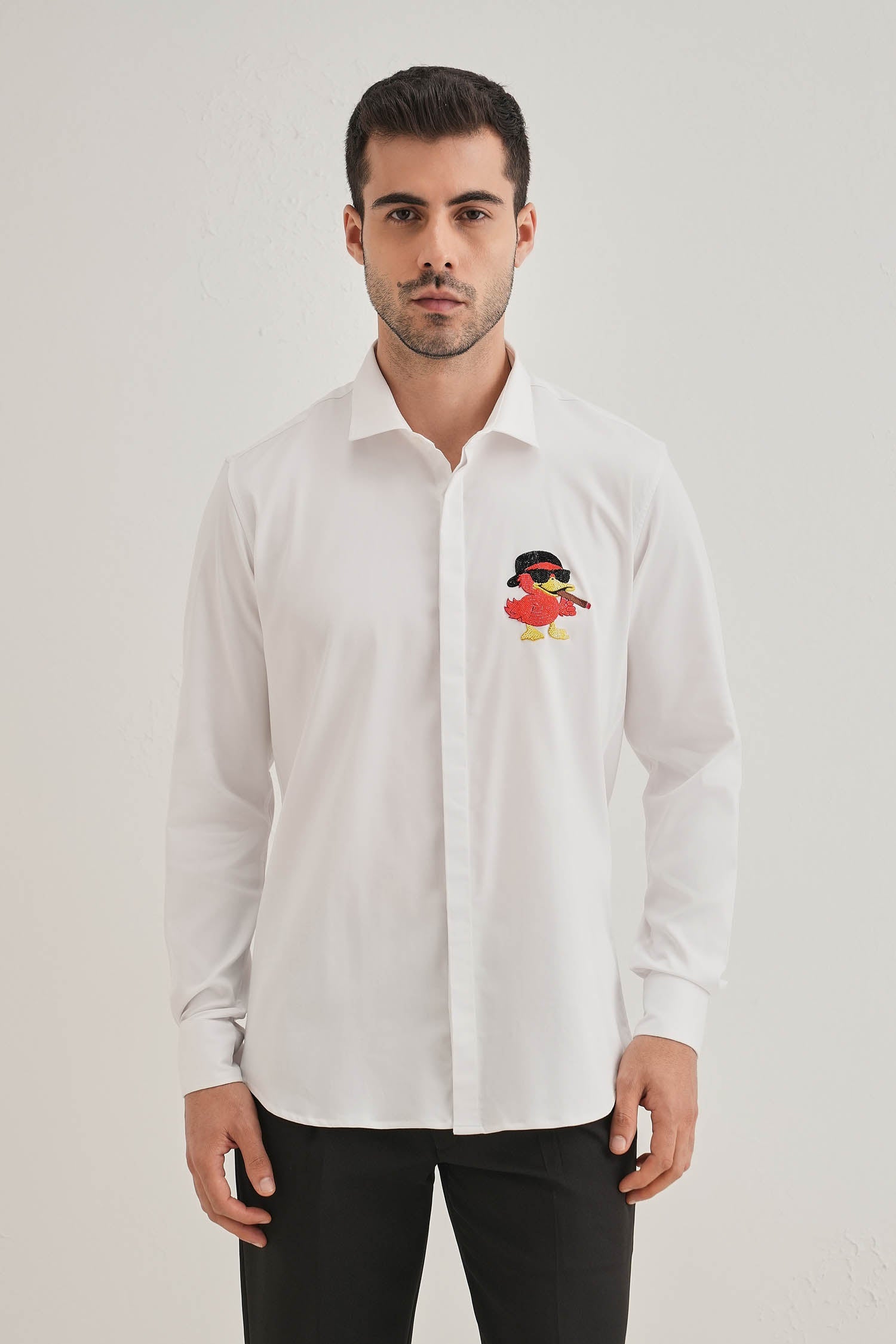 Quackery- Hand Embroidered Designer Shirt - White