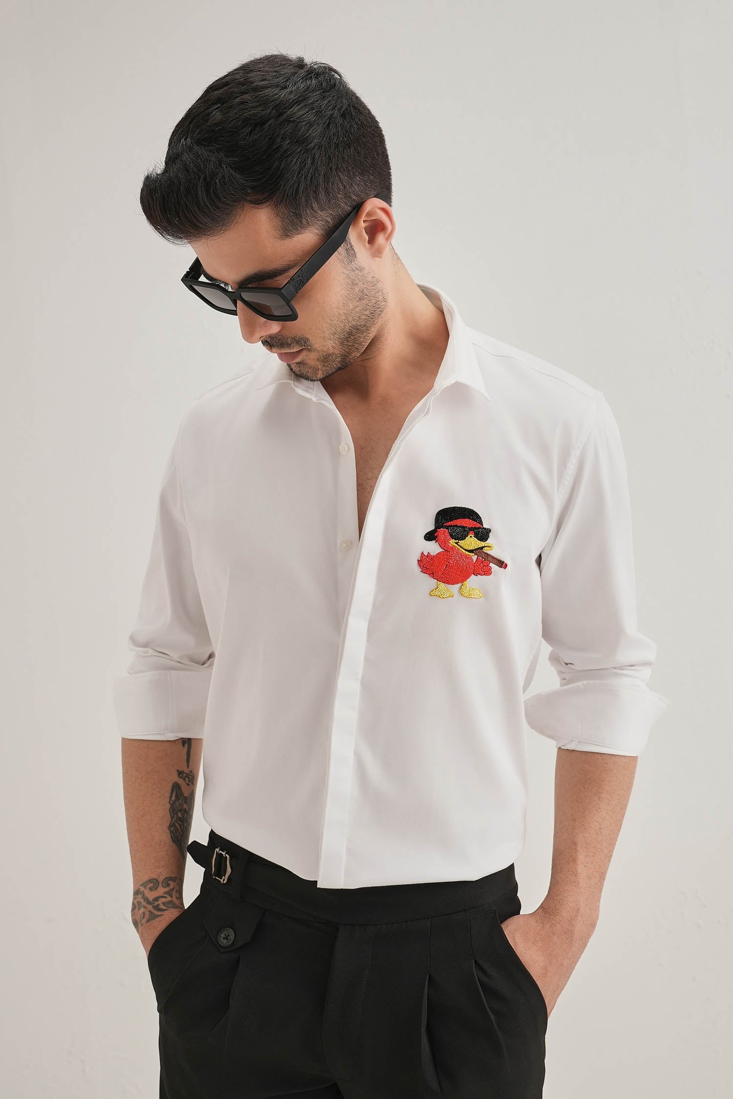 Quackery- Hand Embroidered Designer Shirt - White